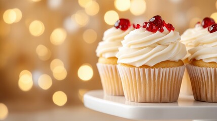 An enticing display of gourmet cupcakes adorned with piping frosting and fresh berries, perfect for any celebration. This image captures the joy of indulging in sweet treats.
