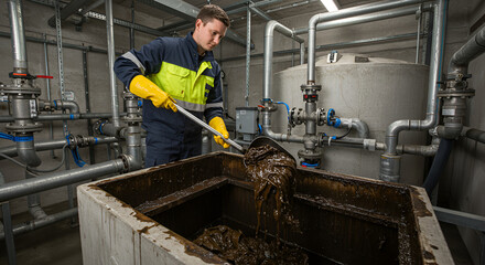 Fototapeta premium Wastewater Treatment Plant Worker Cleaning Tank