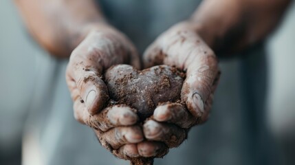 Dirty hands cradling soil symbolize a deep connection to nature. This image represents care, growth, and the nurturing aspect of humanity's relationship with the earth.
