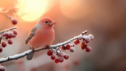 A lovely pink bird sits gracefully on a frosty branch adorned with red berries, capturing the tranquil beauty of nature in a soft golden light at sunset.