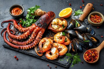 Grilled seafood mix featuring octopus, mussels, and prawns under warm lighting