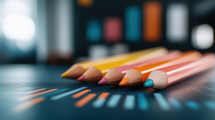 An arrangement of colorful pencils lies on a vibrant surface, symbolizing creativity, exploration, and artistic potential through vivid colors and everyday objects.