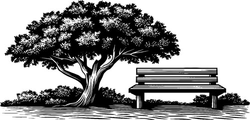 Serene outdoor scene of bench and tree in black and white woodcut style