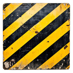 Fototapeta premium Close-up of a weathered black and yellow diagonal striped construction site warning sign, depicting caution and potential danger. Isolated on transparent white background, png 