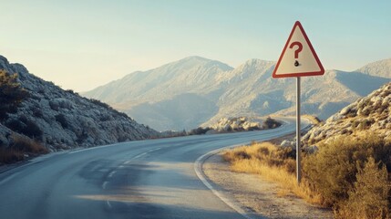 Curved mountain road with question mark sign indicating caution near rocky landscape during daylight