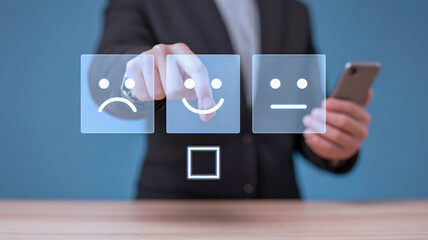 A digital customer satisfaction rating interface with three floating transparent rectangular boxes containing emoji-like faces