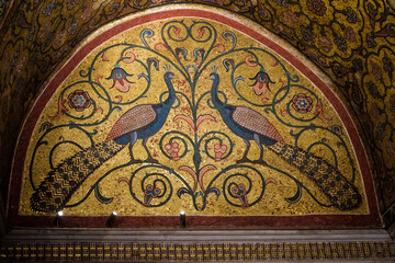 Palermo, Sicily. Gold mosaic tiles depicting animal figures in the Palatine Chapel.