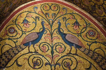 Palermo, Sicily. Gold mosaic tiles depicting animal figures in the Palatine Chapel.