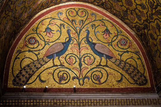 Palermo, Sicily. Gold mosaic tiles depicting animal figures in the Palatine Chapel.
