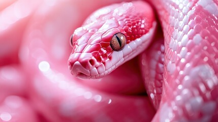 A close-up image of a stunning pink snake showcasing its glossy scales and captivating golden eyes, symbolizing beauty, elegance, and the exotic charm of reptiles.