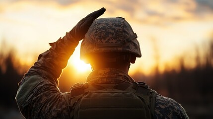 A soldier stands silhouetted against a vibrant sunset, saluting and exemplifying honor, respect, and dedication while looking towards the horizon, embodying commitment to duty.