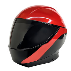 Sporty red and black motorcycle helmet with a sleek design and visor. Isolated on transparent white background, png