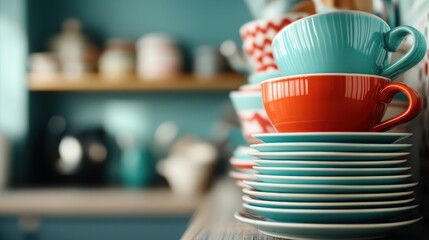 A delightful arrangement of stacked colorful cups adorns a kitchen shelf, merging functionality and aesthetics while embodying warmth and inviting creativity in daily life.