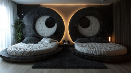 Two circular beds in a modern, dark-toned bedroom.  