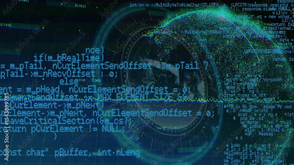 Poster after c++ code scrolling in, particle globe rotating ccw, hud rings pulsing for visualization