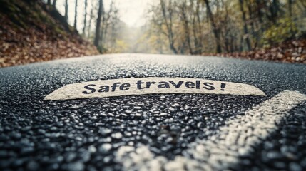 Message on a winding road promotes safe travels through a serene forest landscape during a cloudy day