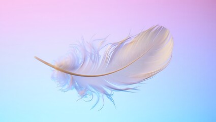 Obraz premium A delicate white feather floating gently against a soft pastel colored background with pink and blue hues