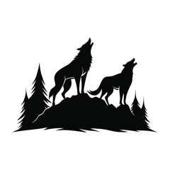 "Howling Wolves Silhouette on Mountain with Pine Trees – Wildlife Vector Art"