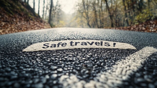 Message on a winding road promotes safe travels through a serene forest landscape during a cloudy day