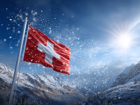 Swiss Flag Waving in Snowy Alps: Switzerland National Day, August 1st Celebration