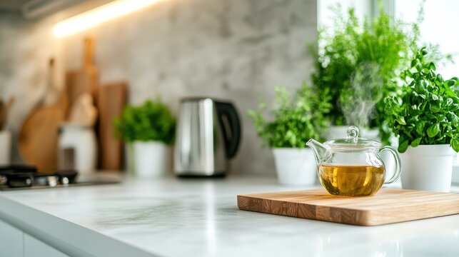 A steaming pot of herbal tea placed on a wooden cutting board in a sleek kitchen, embodying wellness, relaxation, and the warmth of home in a contemporary setting.