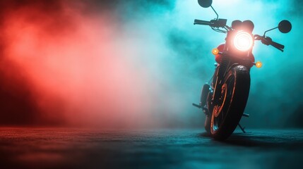 A striking motorcycle stands illuminated in vibrant red and blue fog, symbolizing freedom and adventure while showcasing an artistic blend of light and shadow.