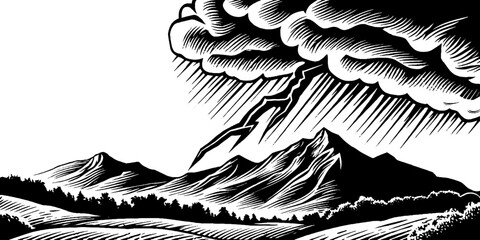 Fototapeta premium Dramatic thunderstorm over hills in black and white design for poster or print
