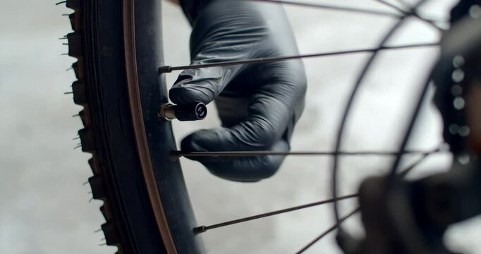 Tightening a small plastic valve cap back onto the bicycle tire after completing the inflation, completing the maintenance process.