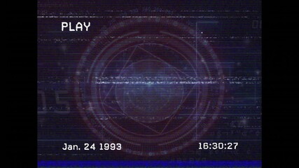 VHS playback starting at 16:30:22 initiating HUD rotating, timecode updating and glitch flickering - Powered by Adobe