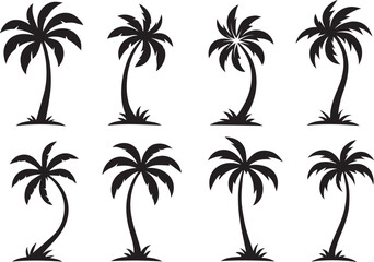 Black Palm Tree Silhouette Grid Design – 3x3 Minimalist Tropical Tree Set with Unique Shapes on White Background, palm tree silhouettes