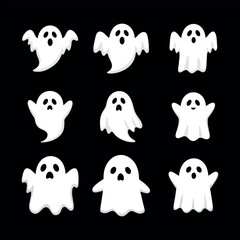 Vector halloween illustration of white funny cute ghosts on the white background Halloween Spooky Cute Ghost Vector Collection