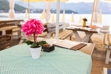 Seaside cafe table with flower decoration and beach view. Concept of coastal relaxation, vacation ambiance and summer leisure by the sea.