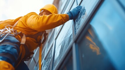 A window cleaner in protective gear works on a high-rise building, illustrating the courage and skill required for this essential but dangerous profession in urban settings.