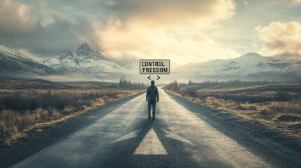 Direction between control and freedom on a desolate road in the mountains at sunrise