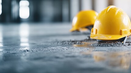 Two yellow hard hats resting on a freshly prepared concrete floor, symbolizing safety and teamwork in a construction environment, amidst dust and tools.