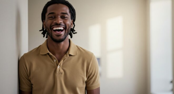 Happy african american man with dreadlocks laughs joyfully indoors.