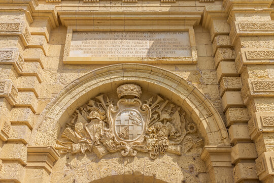 Malta, Mdina. Detail of the main gate. Coat of arms of Antonio Manoel de Vilhena, who restored the walls around 1730.