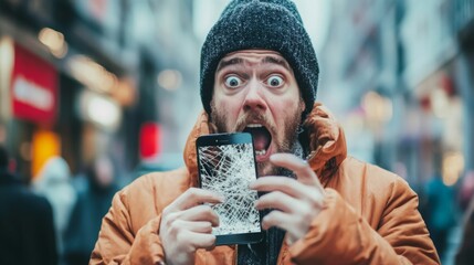 Man expresses shock after discovering his smartphone screen is cracked in a busy urban street during the day