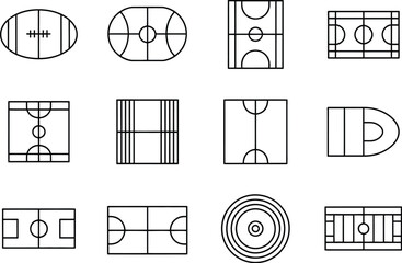 Various sport fields and courts in outline style arranged on white background