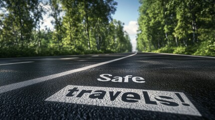 Road marked with safe travels message surrounded by lush greenery on a bright sunny day
