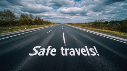 Road stretches into the distance with message for safe travels on a cloudy day in a rural landscape