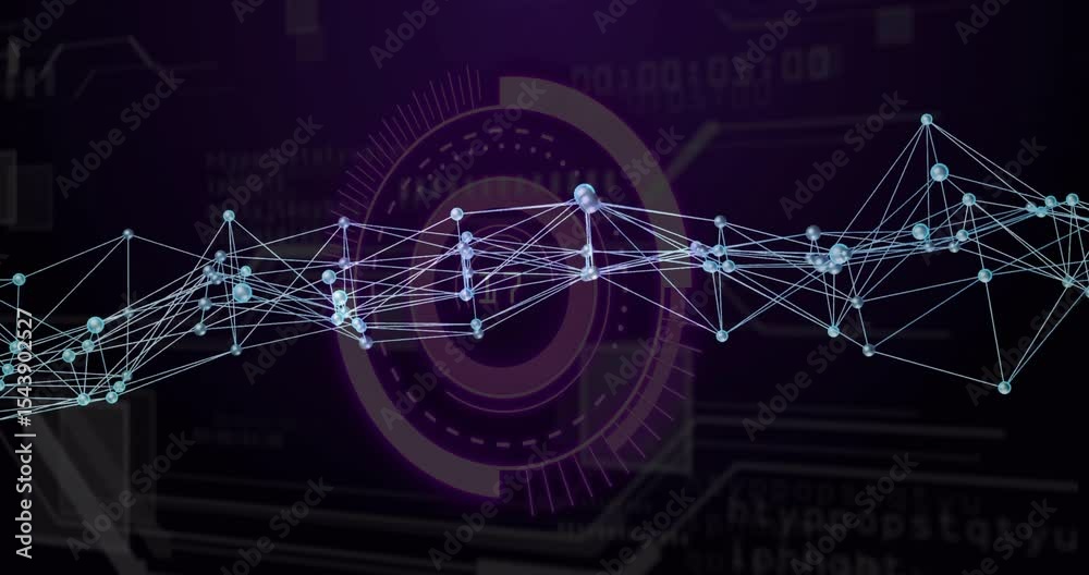 Poster after hud appearing, blue node network flexing in wave and translating right for data visualization