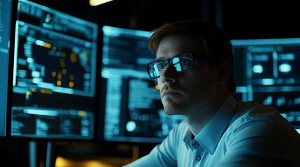 Fototapeta premium Focused programmer coding at a modern software development company, surrounded by digital tools and monitors programmer, software development, coding, developer at work, modern off