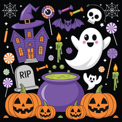 Cute Halloween Cartoon Set – Ghosts, Pumpkins, Haunted House & Candy Elements