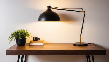 Modern desk lamp, plant, cup of coffee and books on a wooden table