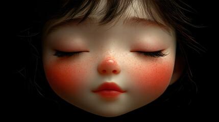 Close-up of a digitally rendered girl's head.  Soft, rosy cheeks and closed eyes create a peaceful expression.  Short, dark hair frames the face.  Soft lighting highlights the features