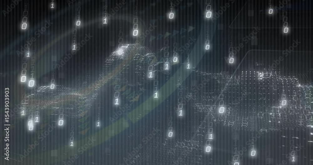 Poster arc sweeping binary digits drifting and data ring rotating as mesh forming 3d network terrain