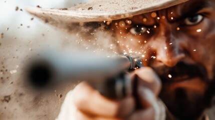 An intense close-up of a cowboy aiming a revolver in a dramatic action scene, exuding tension and adventure, capturing the essence of Western films and dynamic storytelling.