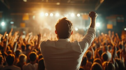 An electrifying view of a crowd at a concert, arms raised in excitement, capturing the energy and enthusiasm of live music while celebrating togetherness and joy.