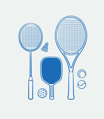 Hand-drawn badminton, tennis, and Pickleball Paddle rackets with balls. Line art, ink, minimalist style. Vector illustration. Sport collection.